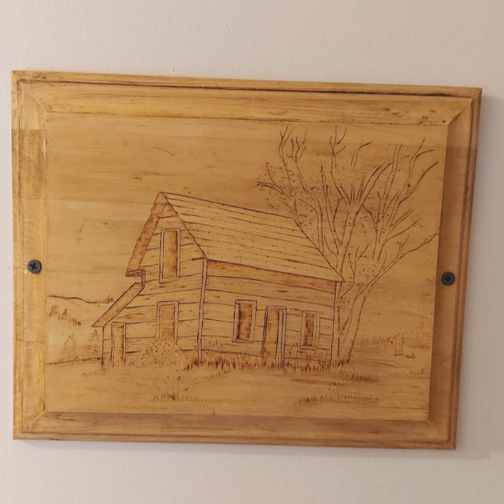 Rustic Log Cabin Etching on Wood Plaque